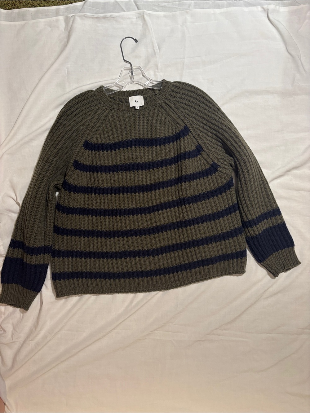 Goop G Label Olive & Navy Striped Merino Wool Ribbed Crewneck Sweater